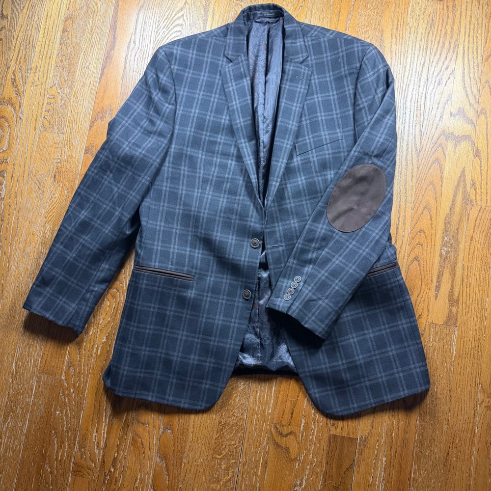 Van Heusen Studio Men's 44R Sport Coat Charcoal / Brown Windowpane Plaid Blazer